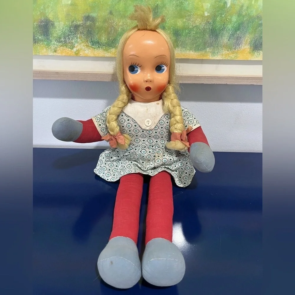 Carnival Plastic Face Cloth Fabric Doll Blonde Hair Braids Blue Eyes Vintage 60s